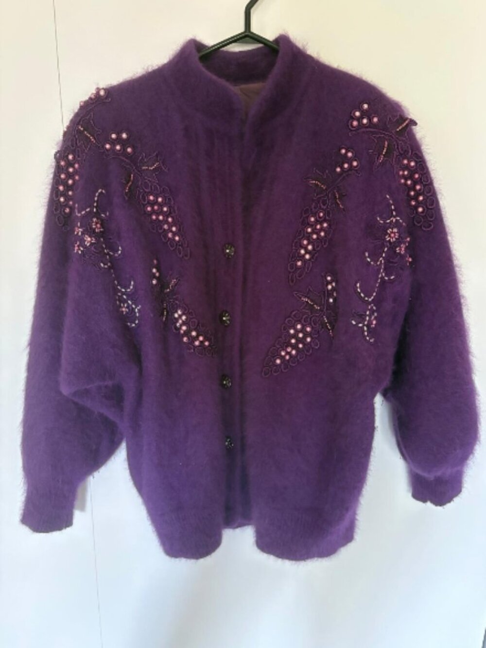 Deep Purple Vintage Angora Coat with Button Closure + Beaded/Embroidered Grapes